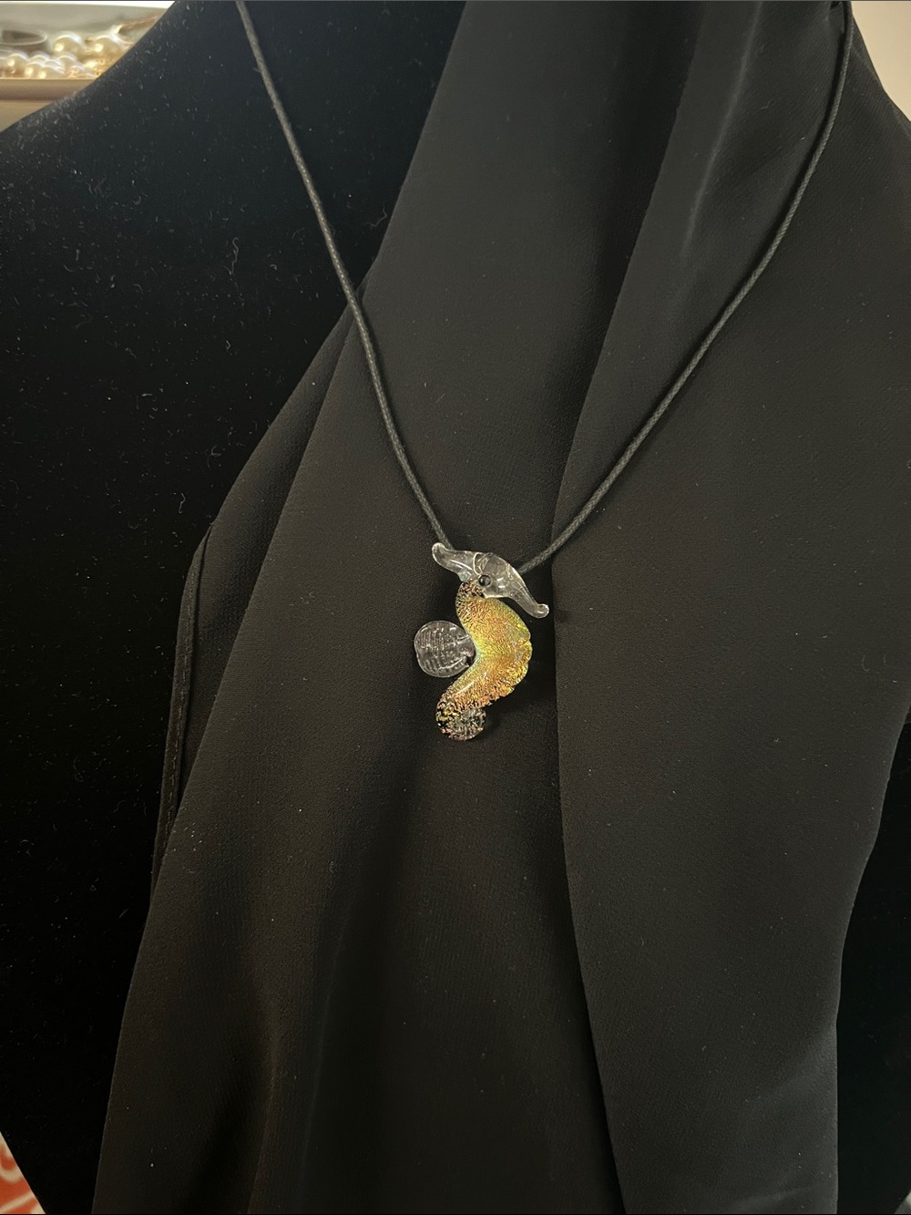 Iridescent Yellow-Green Seahorse Pendant Necklace on Black Cord